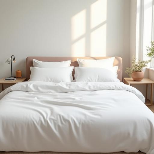 Neatly made bed in a serene master bedroom with crisp linens